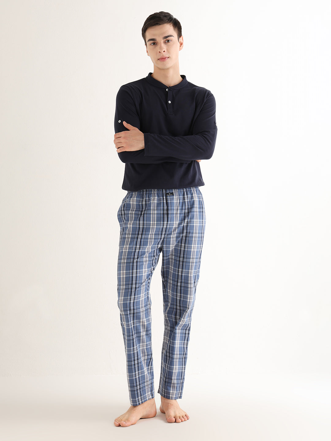 Hancock   Men   Bluish Grey   Checks   Pure Cotton   Relaxed Fit   Night Wear   Lounge Pant