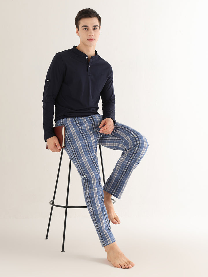 Hancock   Men   Bluish Grey   Checks   Pure Cotton   Relaxed Fit   Night Wear   Lounge Pant