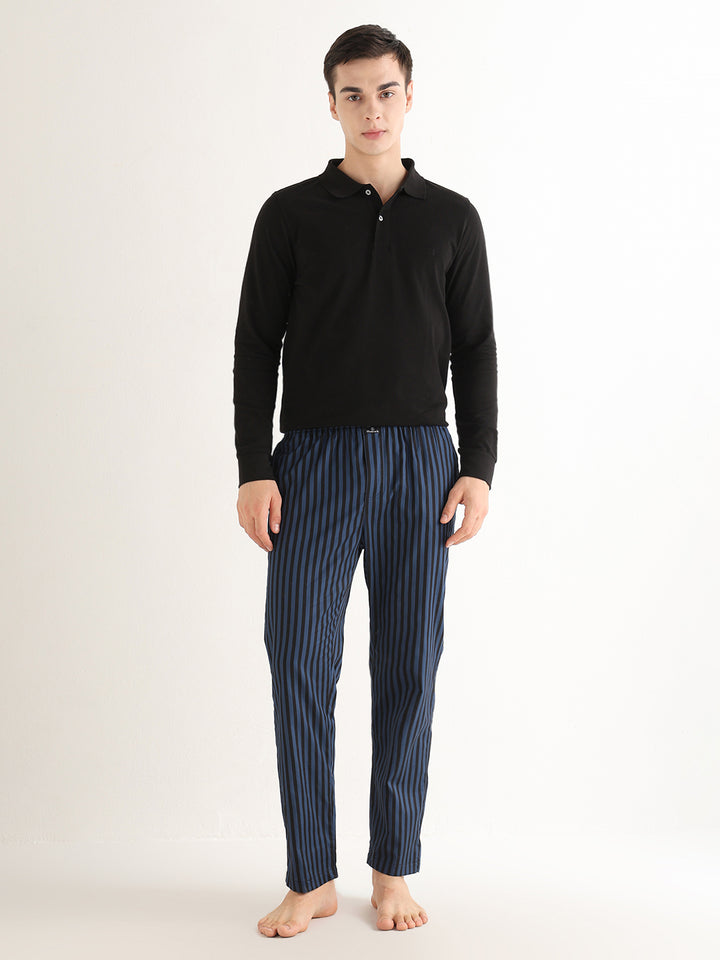 Hancock   Men   Blue & Black   Stripes   Pure Cotton   Relaxed Fit   Night Wear   Lounge Pant