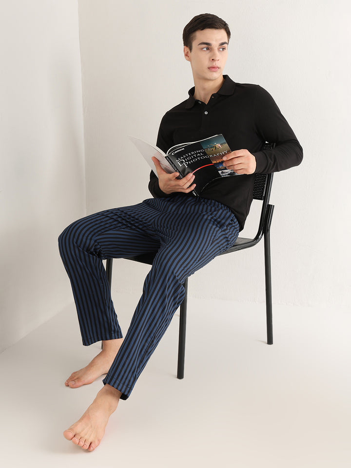 Hancock   Men   Blue & Black   Stripes   Pure Cotton   Relaxed Fit   Night Wear   Lounge Pant