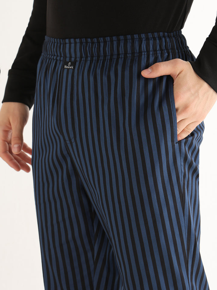 Hancock   Men   Blue & Black   Stripes   Pure Cotton   Relaxed Fit   Night Wear   Lounge Pant