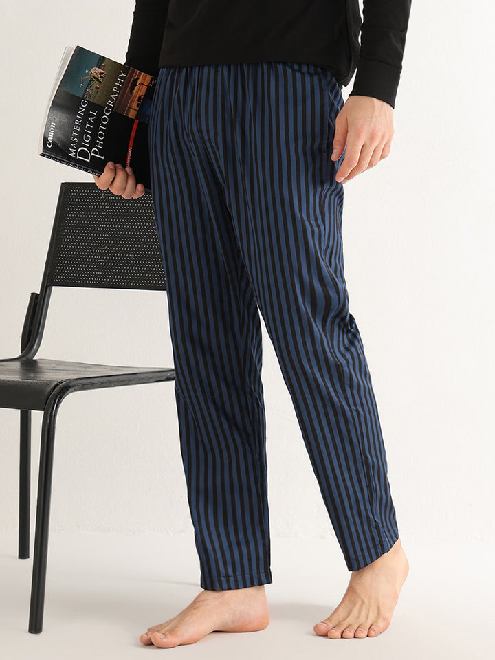 Hancock   Men   Blue & Black   Stripes   Pure Cotton   Relaxed Fit   Night Wear   Lounge Pant