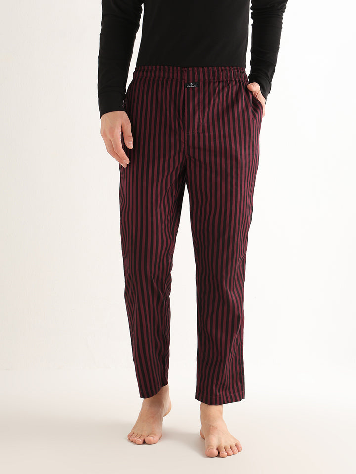 Hancock   Men   Maroon & Black   Stripes   Pure Cotton   Relaxed Fit   Night Wear   Lounge Pant