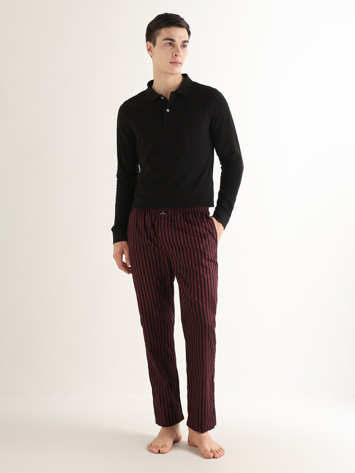Hancock   Men   Maroon & Black   Stripes   Pure Cotton   Relaxed Fit   Night Wear   Lounge Pant