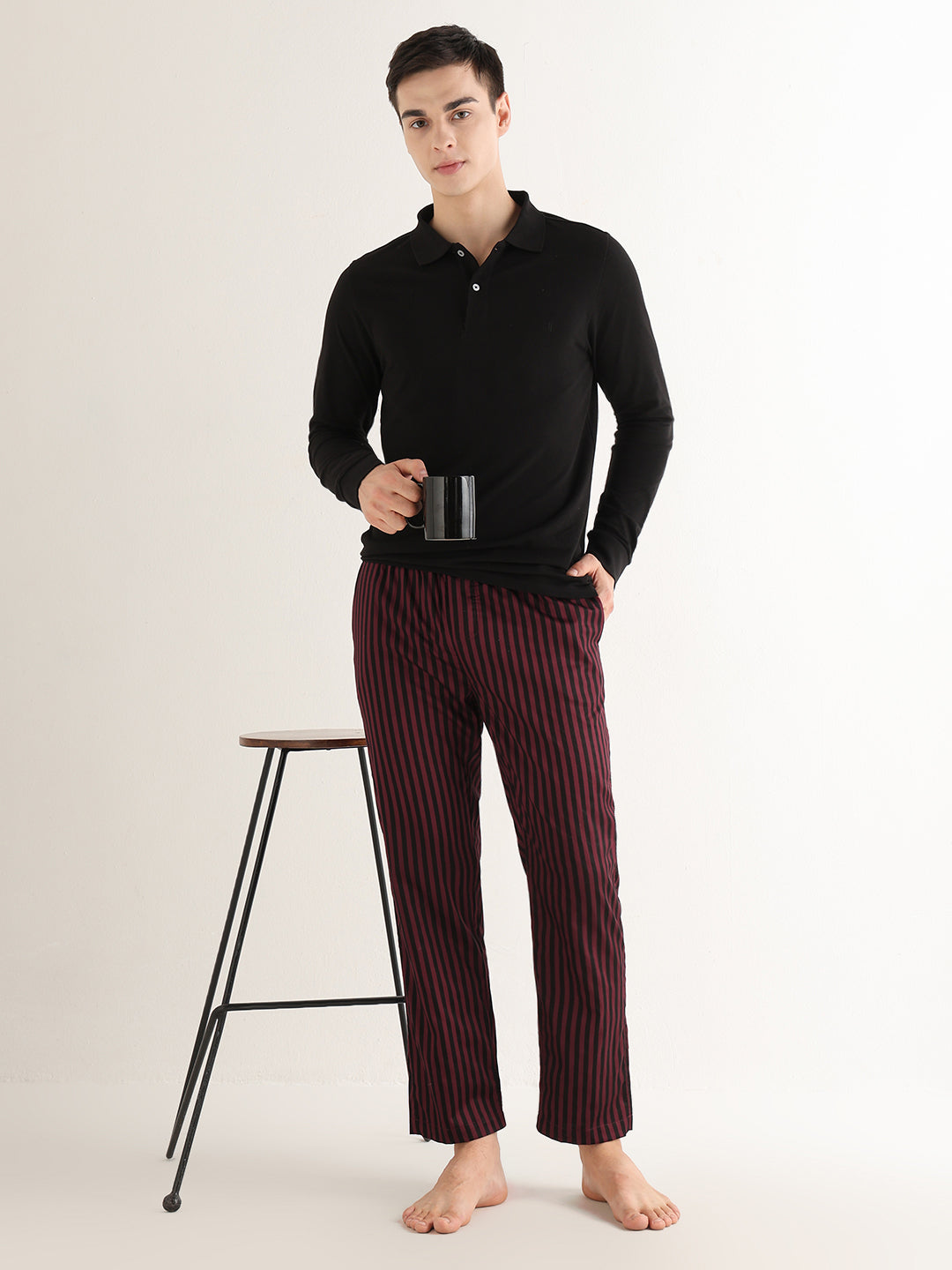 Hancock   Men   Maroon & Black   Stripes   Pure Cotton   Relaxed Fit   Night Wear   Lounge Pant