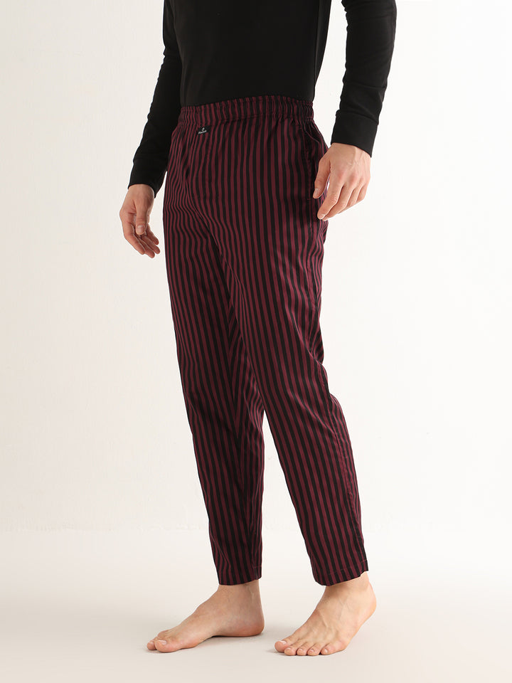 Hancock   Men   Maroon & Black   Stripes   Pure Cotton   Relaxed Fit   Night Wear   Lounge Pant