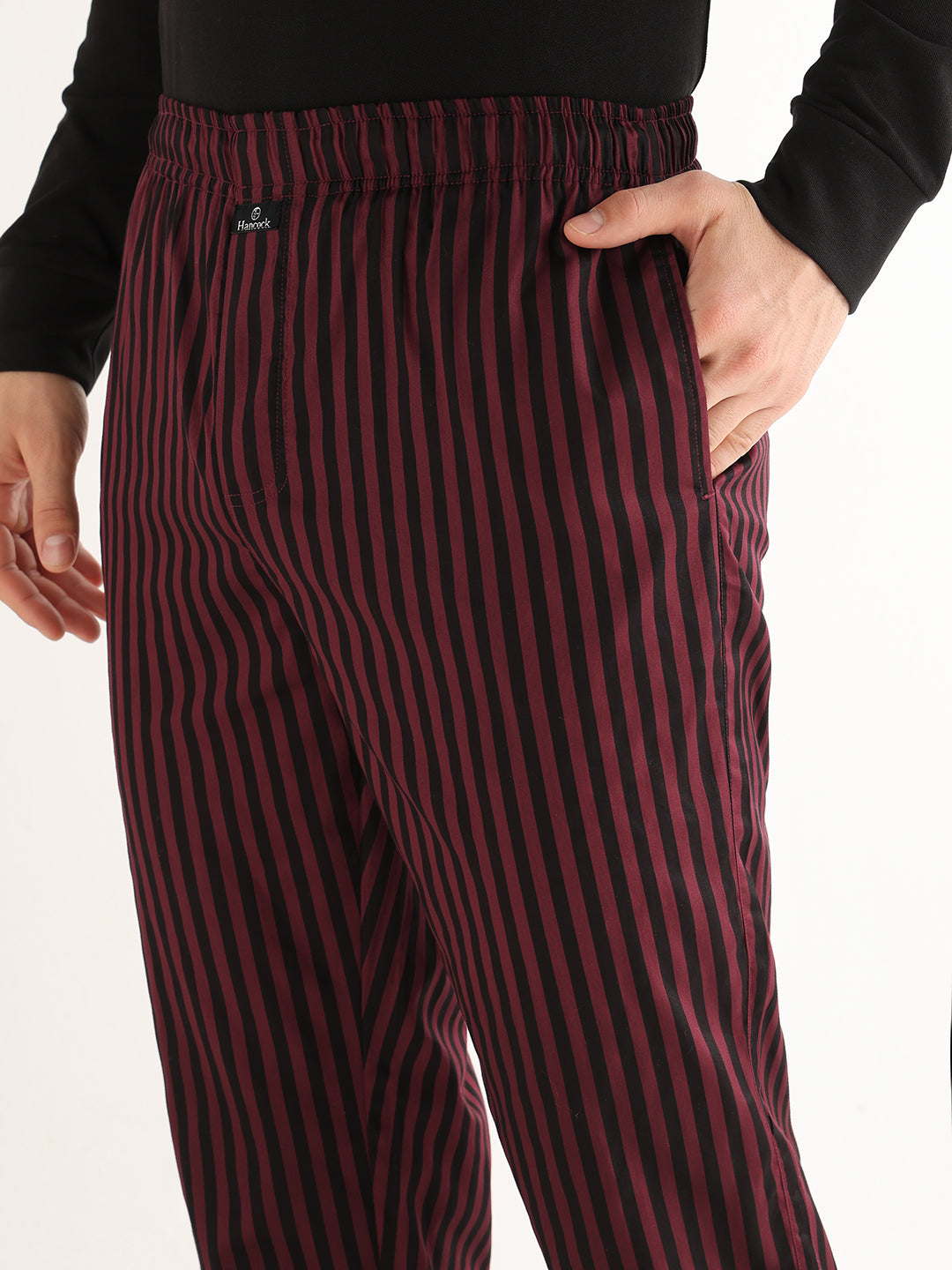 Hancock   Men   Maroon & Black   Stripes   Pure Cotton   Relaxed Fit   Night Wear   Lounge Pant