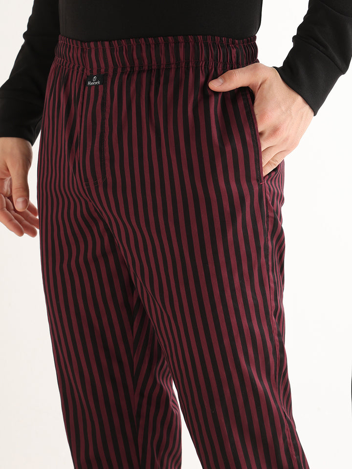Hancock   Men   Maroon & Black   Stripes   Pure Cotton   Relaxed Fit   Night Wear   Lounge Pant