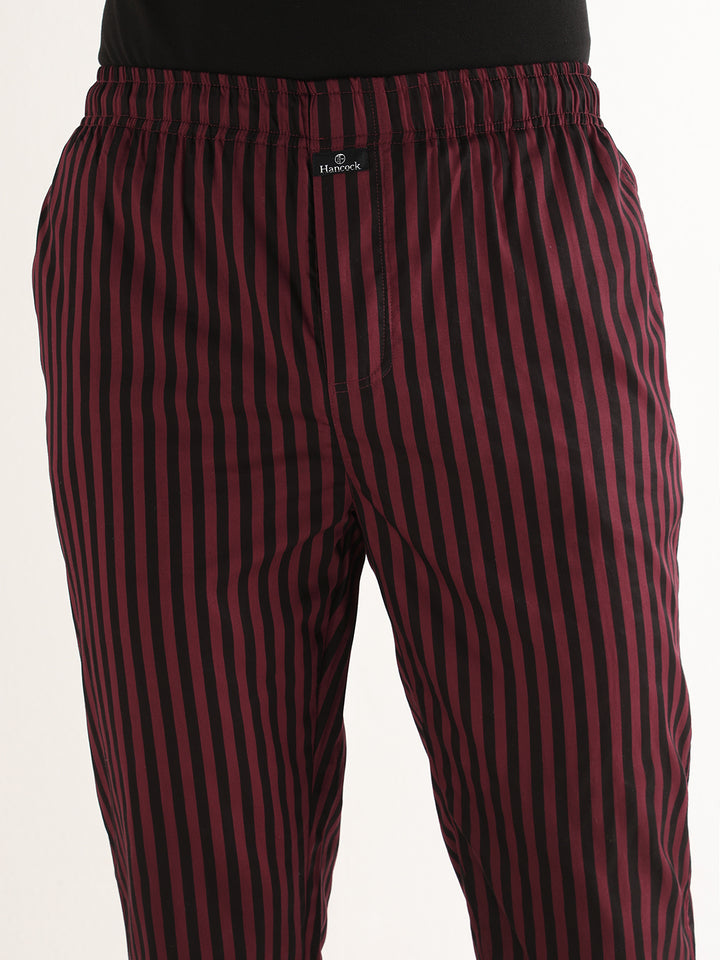 Hancock   Men   Maroon & Black   Stripes   Pure Cotton   Relaxed Fit   Night Wear   Lounge Pant
