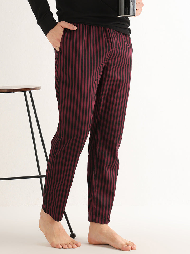 Hancock   Men   Maroon & Black   Stripes   Pure Cotton   Relaxed Fit   Night Wear   Lounge Pant