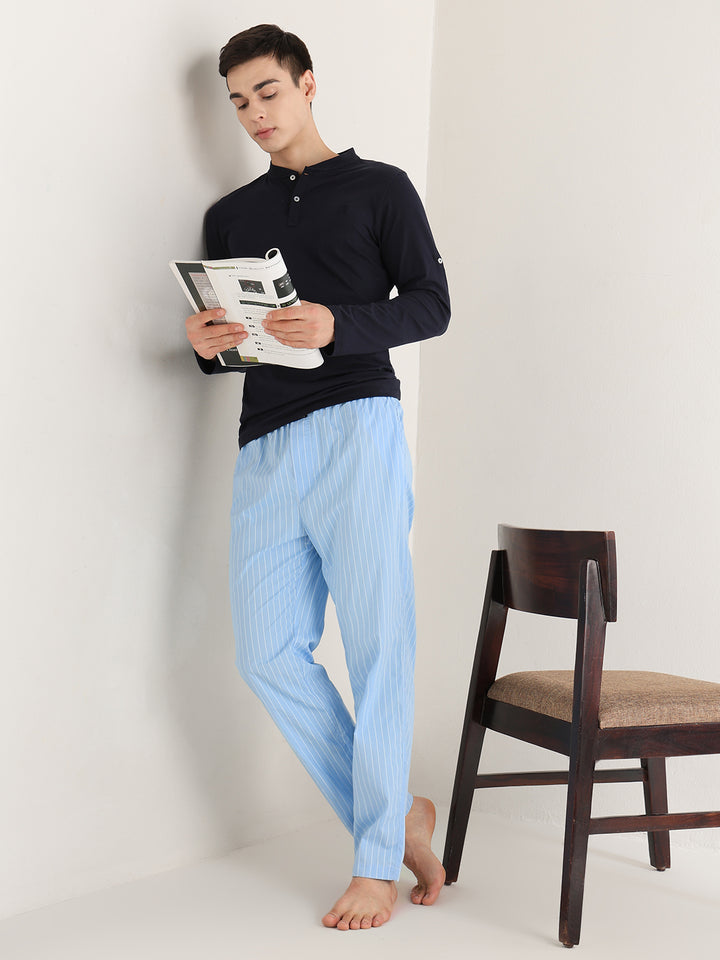 Hancock   Men   Blue   Stripes   Pure Cotton   Relaxed Fit   Night Wear   Lounge Pant