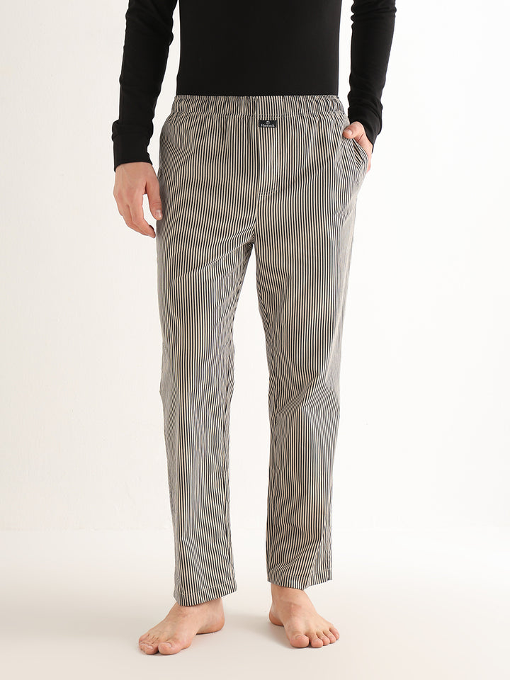 Hancock   Men   Beige & Black   Stripes   Pure Cotton   Relaxed Fit   Night Wear   Lounge Pant