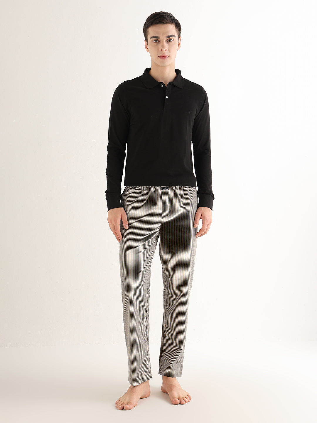 Hancock   Men   Beige & Black   Stripes   Pure Cotton   Relaxed Fit   Night Wear   Lounge Pant