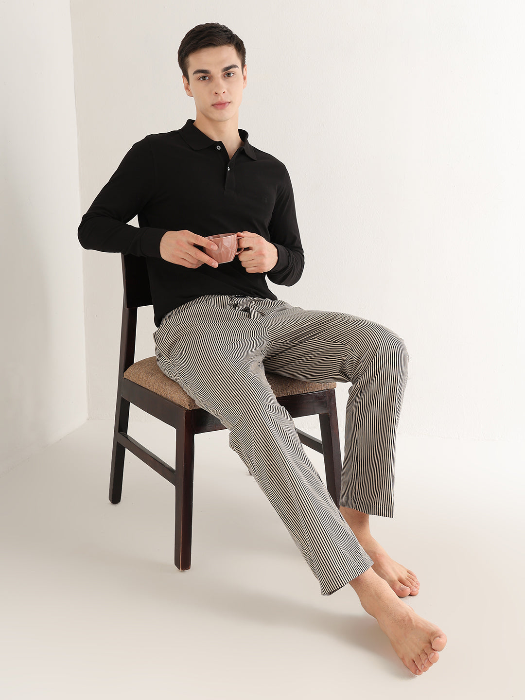 Hancock   Men   Beige & Black   Stripes   Pure Cotton   Relaxed Fit   Night Wear   Lounge Pant