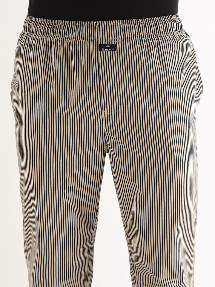 Hancock   Men   Beige & Black   Stripes   Pure Cotton   Relaxed Fit   Night Wear   Lounge Pant