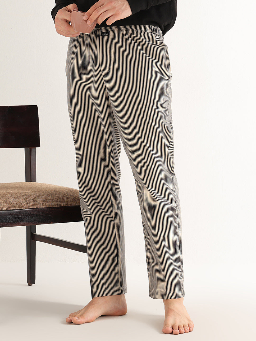 Hancock   Men   Beige & Black   Stripes   Pure Cotton   Relaxed Fit   Night Wear   Lounge Pant