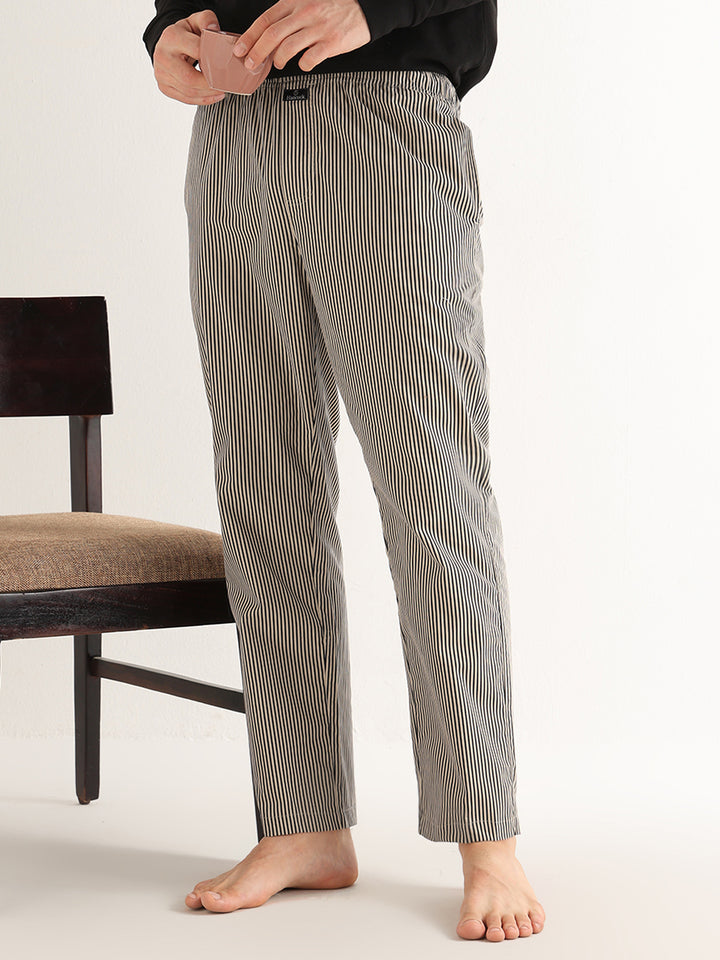 Hancock   Men   Beige & Black   Stripes   Pure Cotton   Relaxed Fit   Night Wear   Lounge Pant