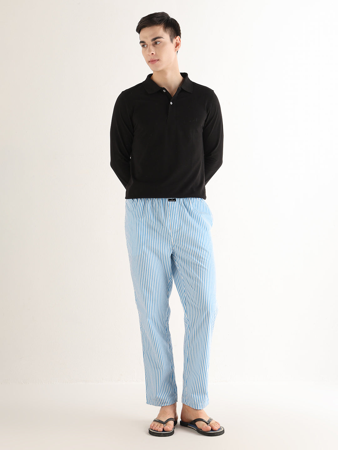 Hancock   Men   White & Blue   Stripes   Pure Cotton   Relaxed Fit   Night Wear   Lounge Pant