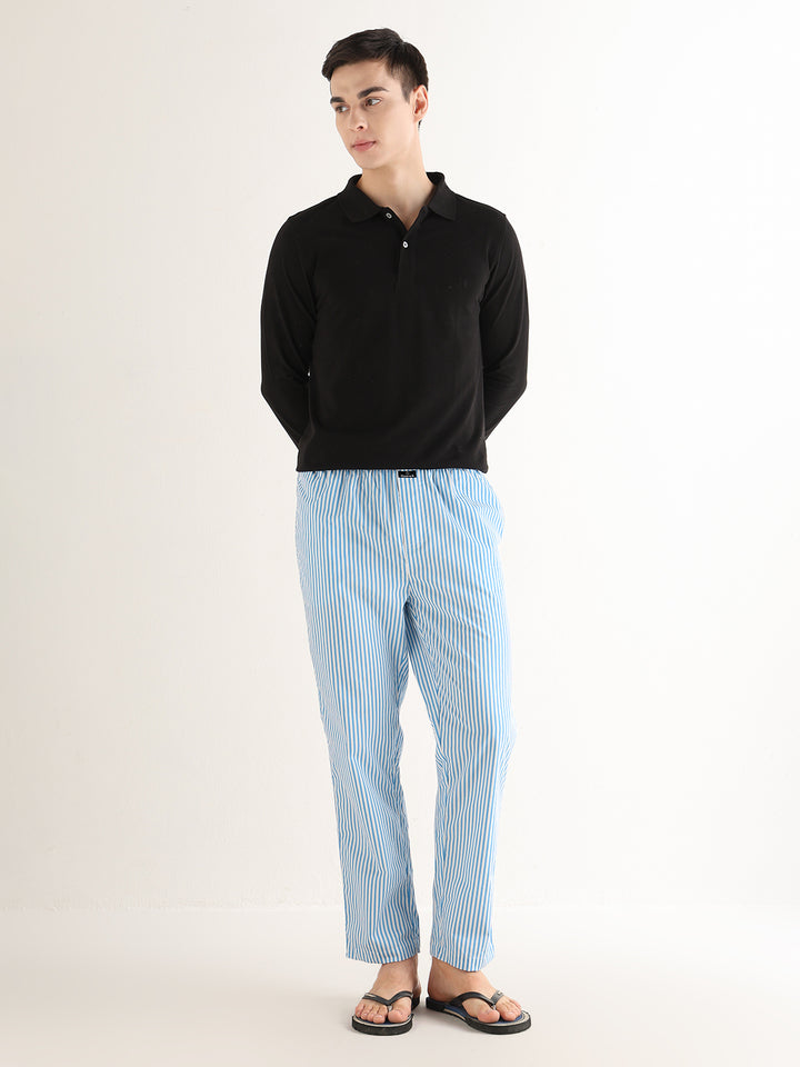 Hancock   Men   White & Blue   Stripes   Pure Cotton   Relaxed Fit   Night Wear   Lounge Pant