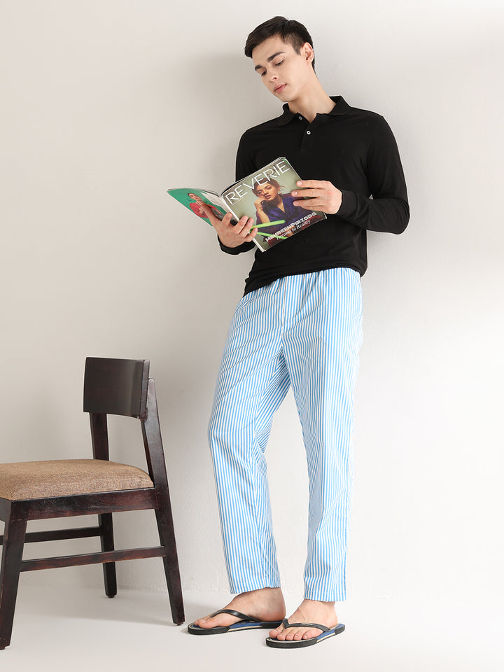 Hancock   Men   White & Blue   Stripes   Pure Cotton   Relaxed Fit   Night Wear   Lounge Pant
