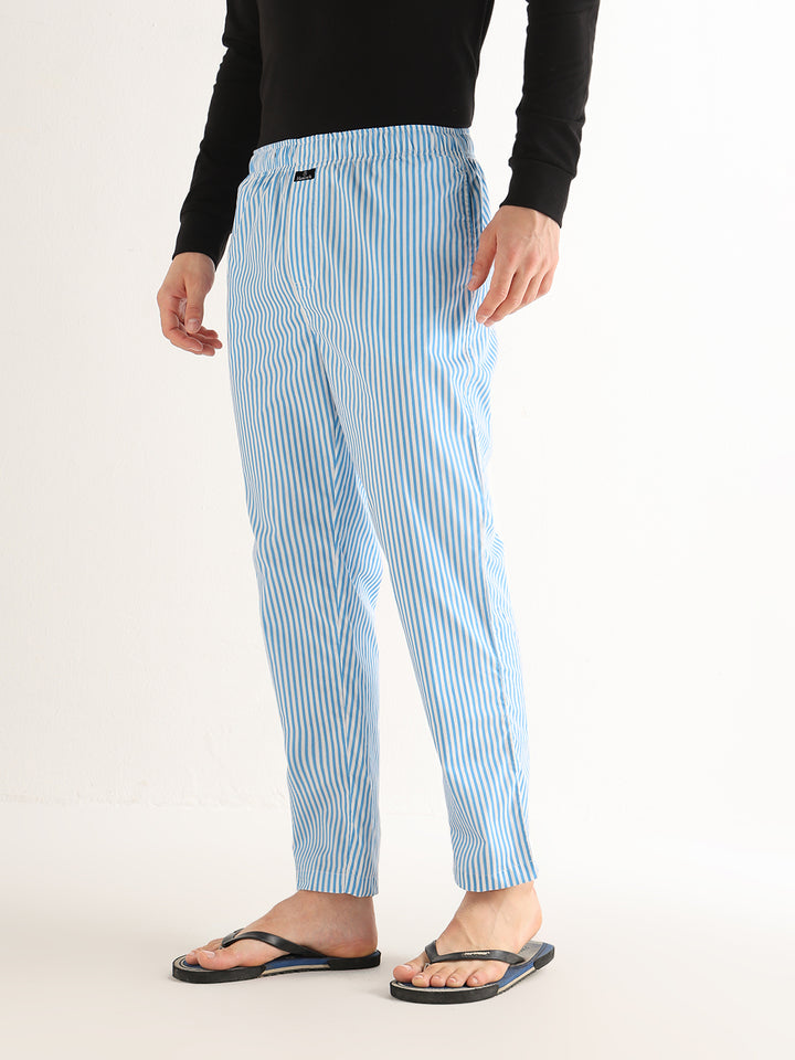 Hancock   Men   White & Blue   Stripes   Pure Cotton   Relaxed Fit   Night Wear   Lounge Pant