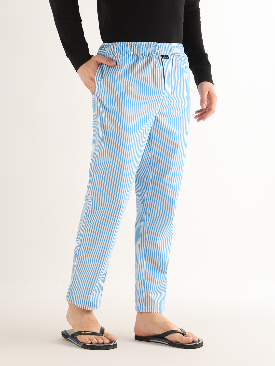 Hancock   Men   White & Blue   Stripes   Pure Cotton   Relaxed Fit   Night Wear   Lounge Pant