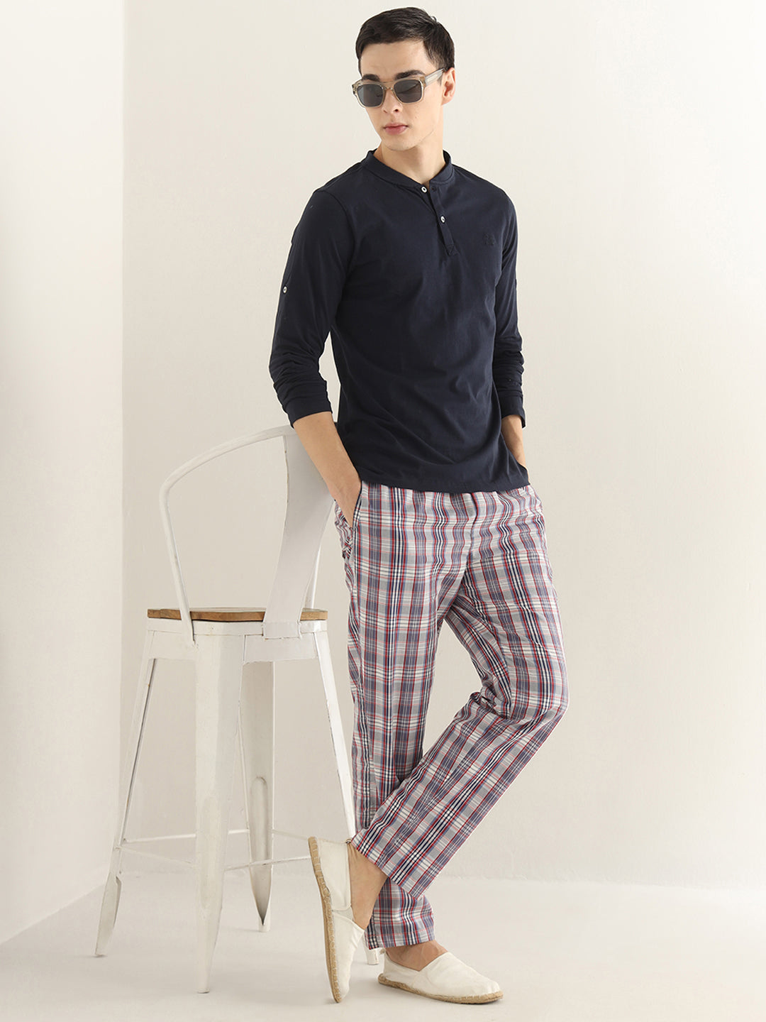 Hancock Men Grey & Red Checked Pure Cotton Relaxed Fit Casual Lounge Pant