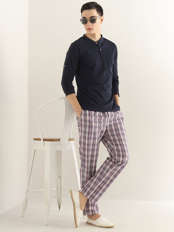 Hancock Men Grey & Red Checked Pure Cotton Relaxed Fit Casual Lounge Pant