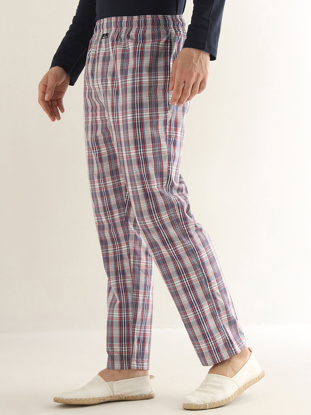 Hancock Men Grey & Red Checked Pure Cotton Relaxed Fit Casual Lounge Pant