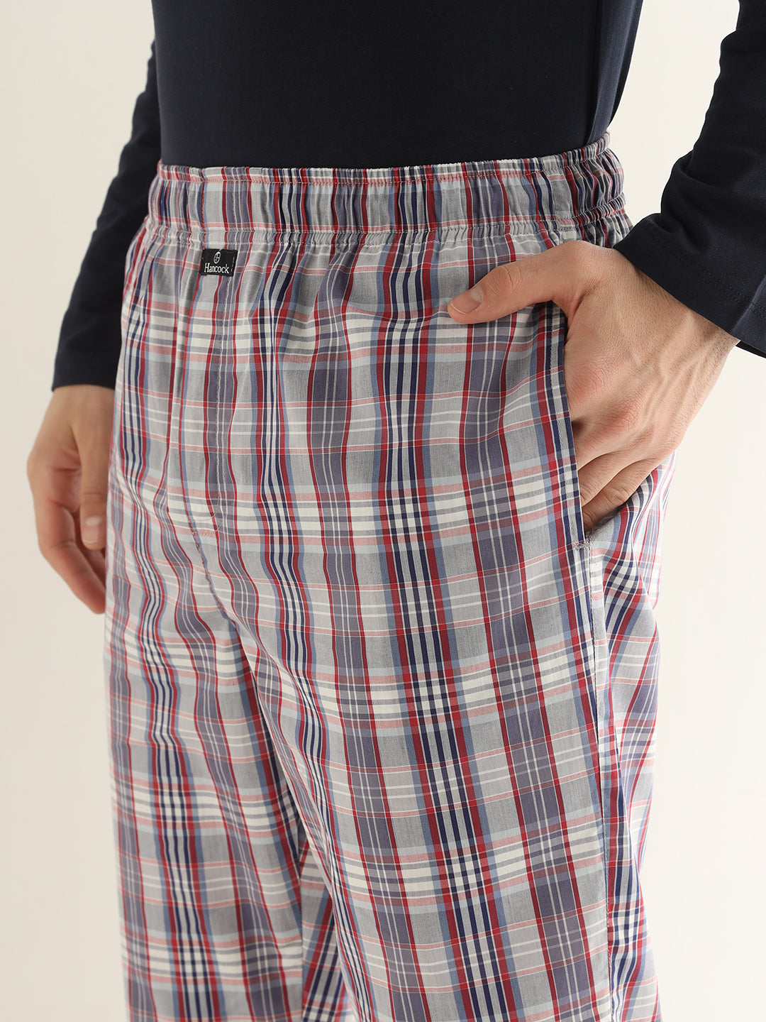 Hancock Men Grey & Red Checked Pure Cotton Relaxed Fit Casual Lounge Pant