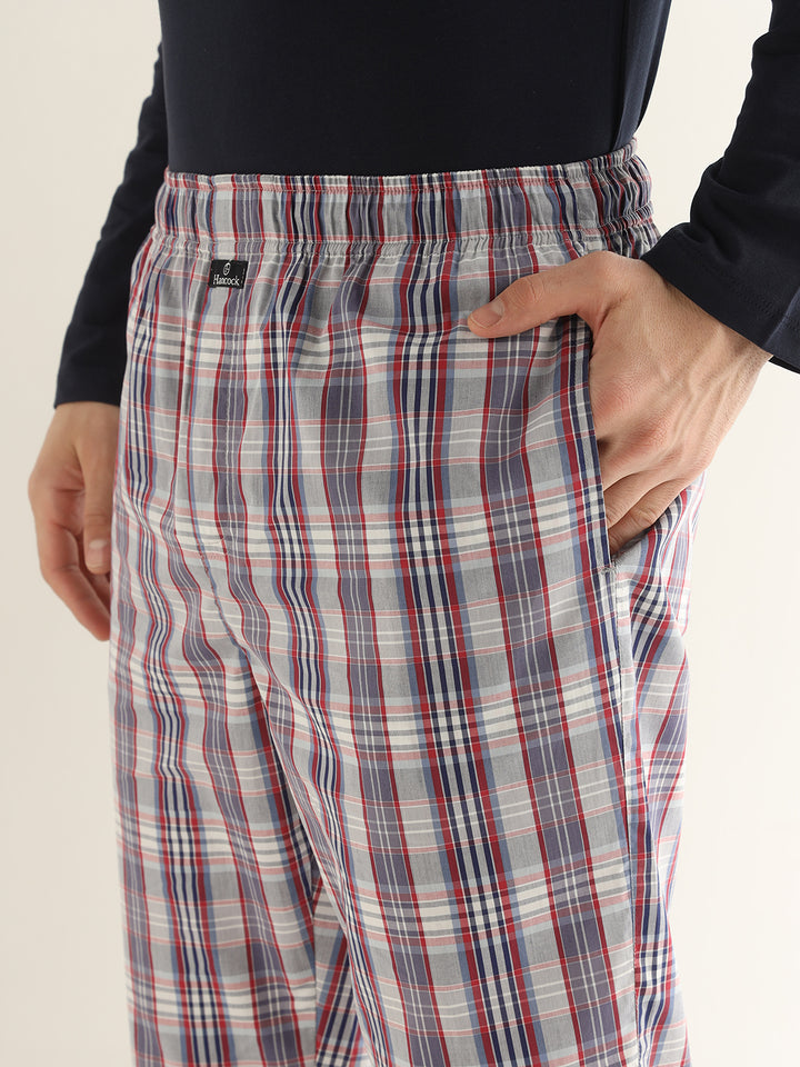 Hancock Men Grey & Red Checked Pure Cotton Relaxed Fit Casual Lounge Pant