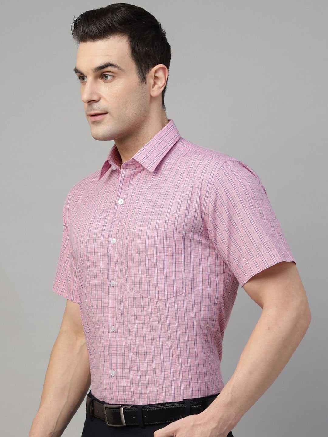 Pink tartan checked pure cotton short sleeves shirt 