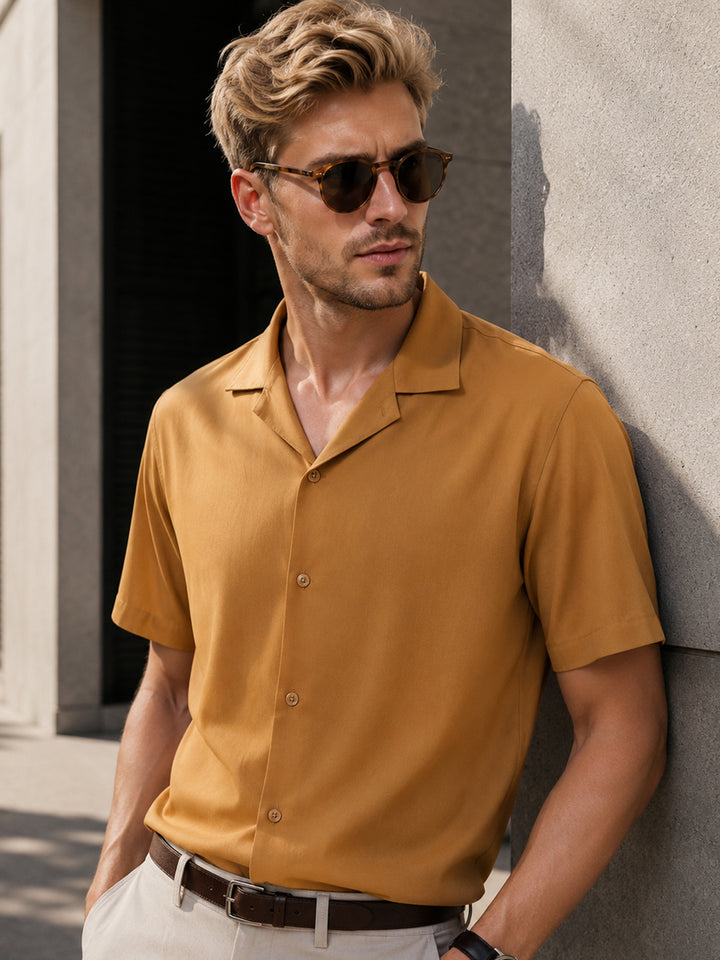 Men Mustard Solid Viscose Rayon Relaxed Fit Casual Resort Shirt