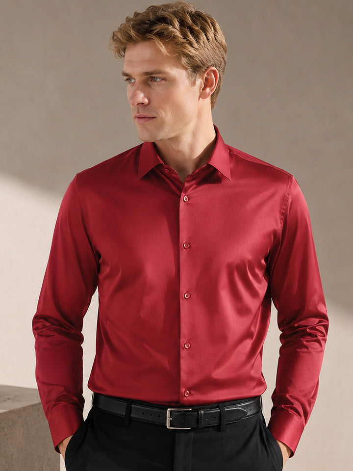 Men Red Solid Satin Slim Fit  Tuxedo Party Shirt