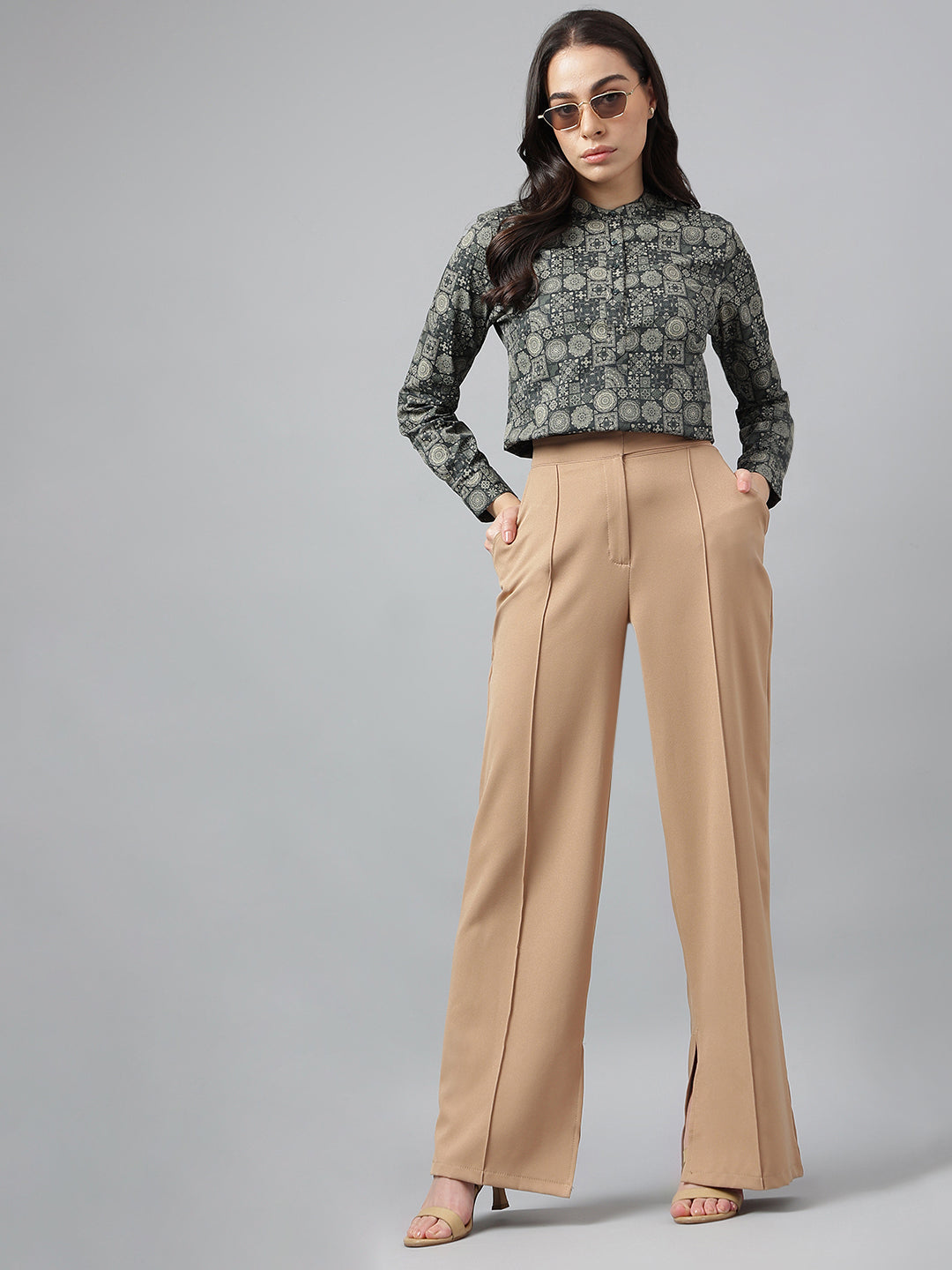 Hancock Women Dgreen & Beige Printed Pure Cotton Regular Fit Formal Top