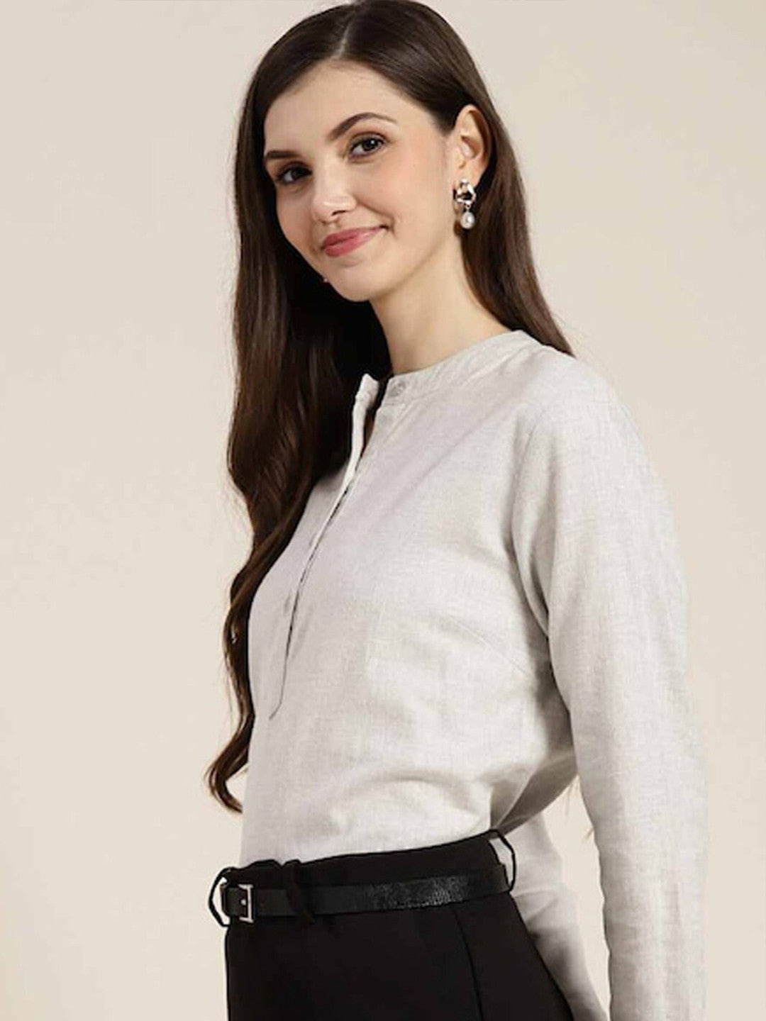 Hancock Women Grey Solid Pure Cotton Regular Fit Formal Top