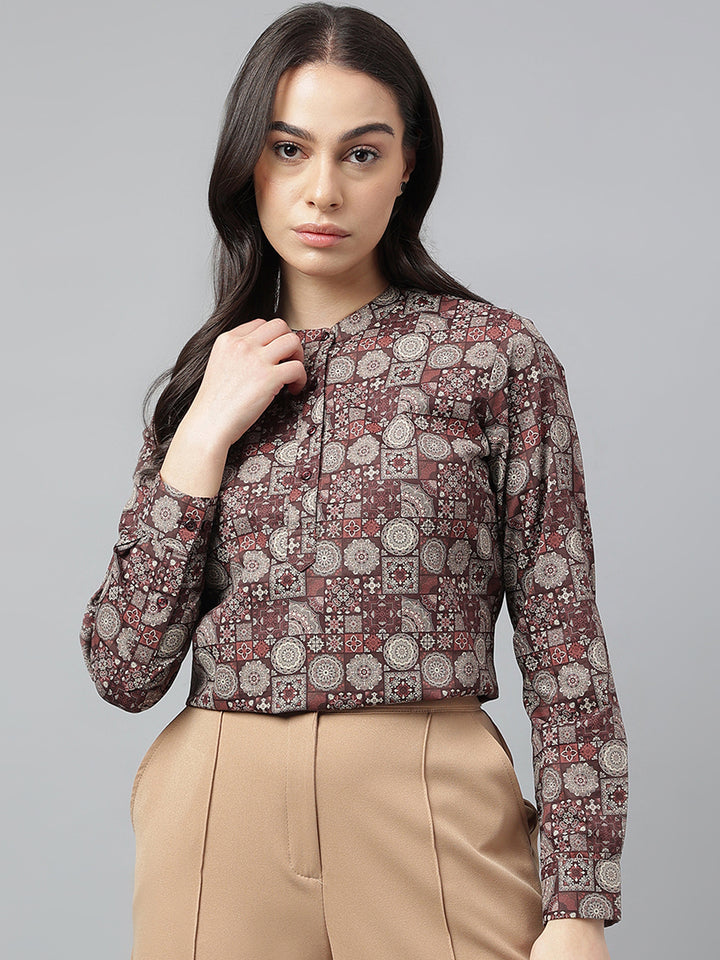 Women Maroon & Beige Printed Pure Cotton Regular Fit Formal Top