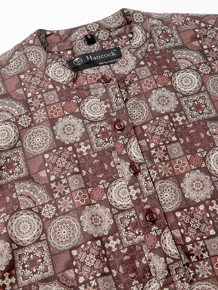 Women Maroon & Beige Printed Pure Cotton Regular Fit Formal Top