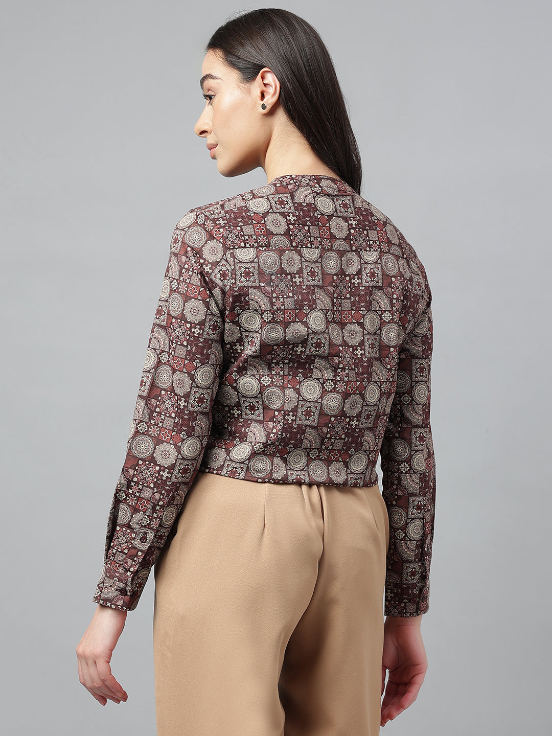 Women Maroon & Beige Printed Pure Cotton Regular Fit Formal Top