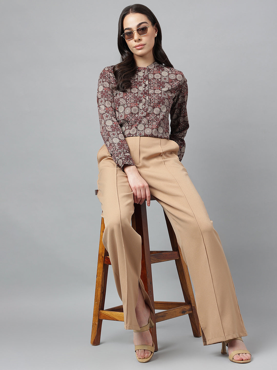 Women Maroon & Beige Printed Pure Cotton Regular Fit Formal Top