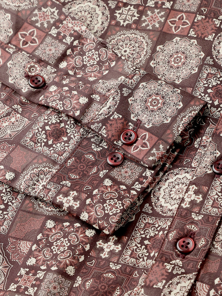 Women Maroon & Beige Printed Pure Cotton Regular Fit Formal Top
