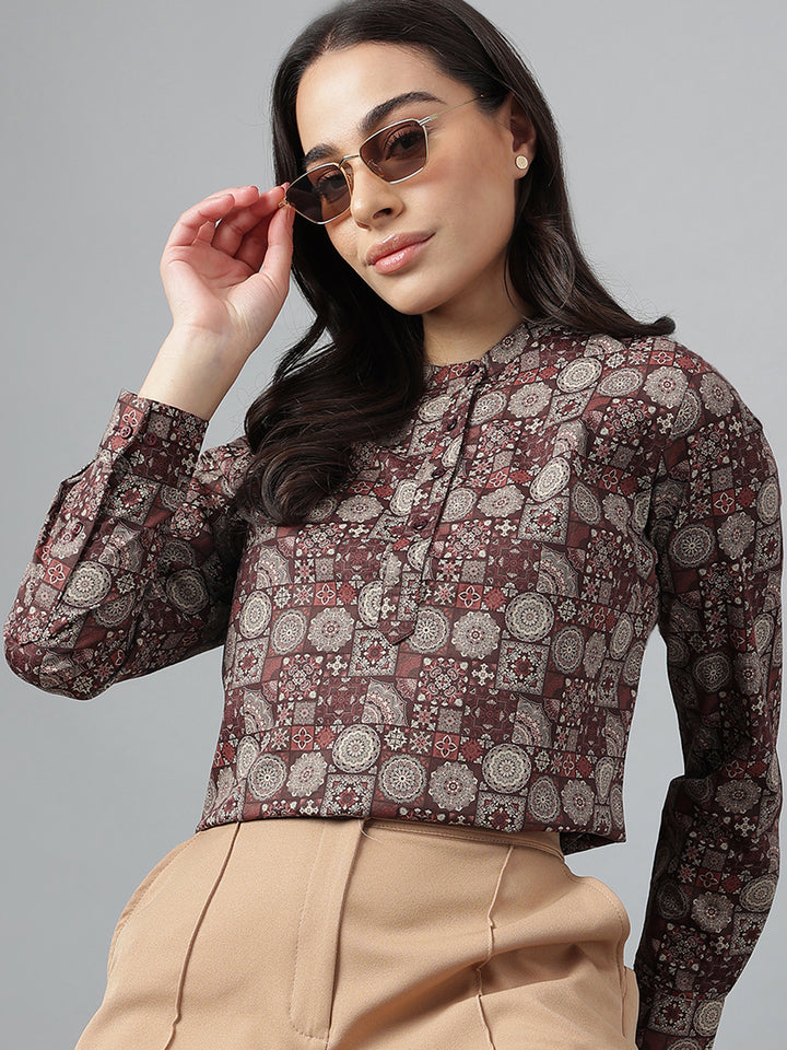 Women Maroon & Beige Printed Pure Cotton Regular Fit Formal Top