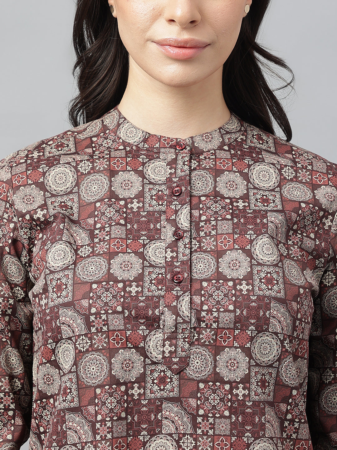 Women Maroon & Beige Printed Pure Cotton Regular Fit Formal Top