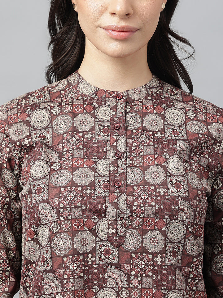 Women Maroon & Beige Printed Pure Cotton Regular Fit Formal Top