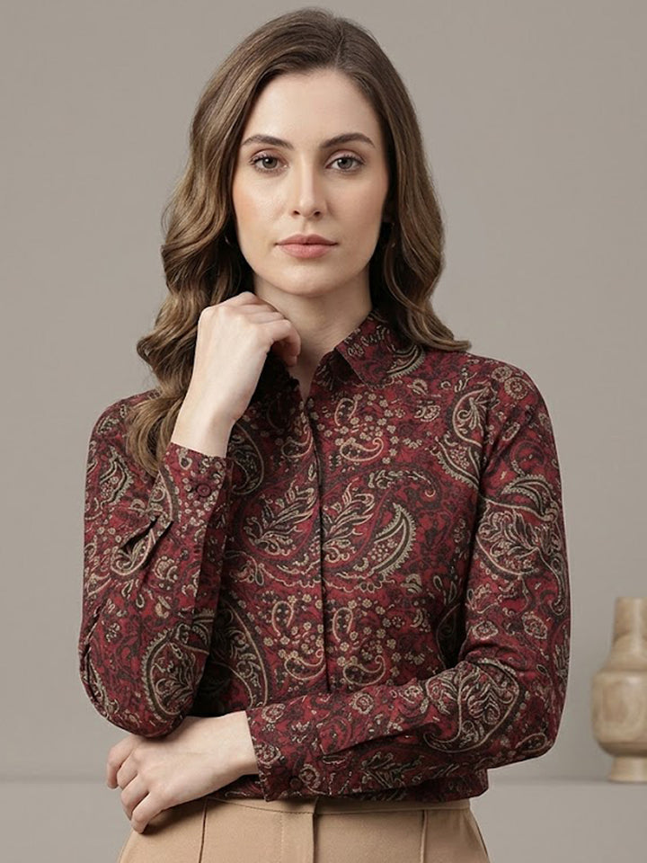 Women Maroon & Beige Prints Pure Cotton Regular Fit Formal Shirt