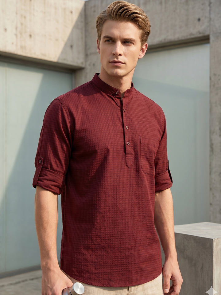 Men Burgundy Self Design Pure Cotton Roll Up Sleeve Slim Fit Casual Kurta