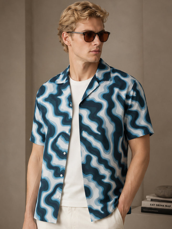 Men Blue & Navy Abstract Printed Relaxed Fit Casual Resort Shirt