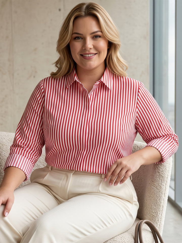Women White Pin Stripes Pure Cotton Plus Size Formal Shirt