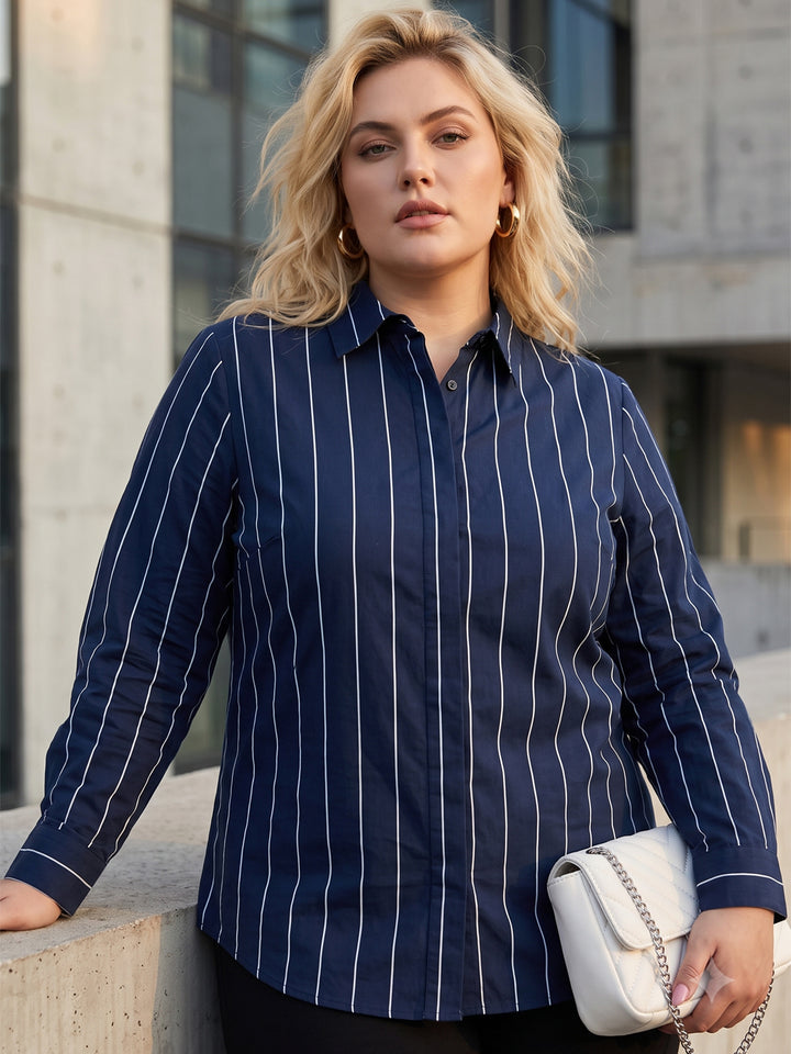 Women Navy Blue Stripes Pure Cotton Plus Size Formal Shirt