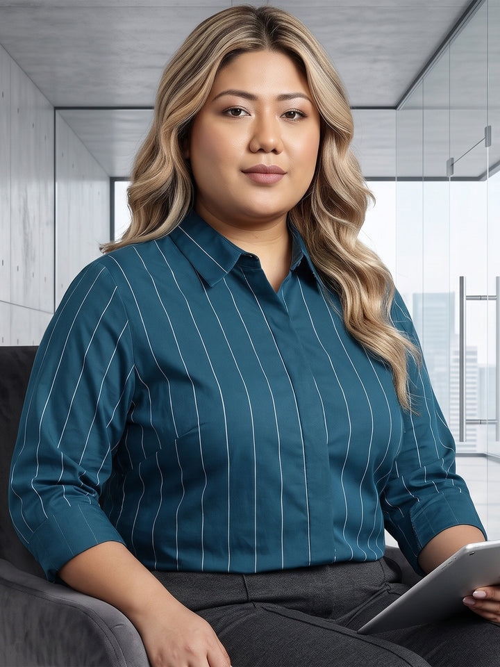 Women Turquoise Stripes Pure Cotton Plus Size Formal Shirt